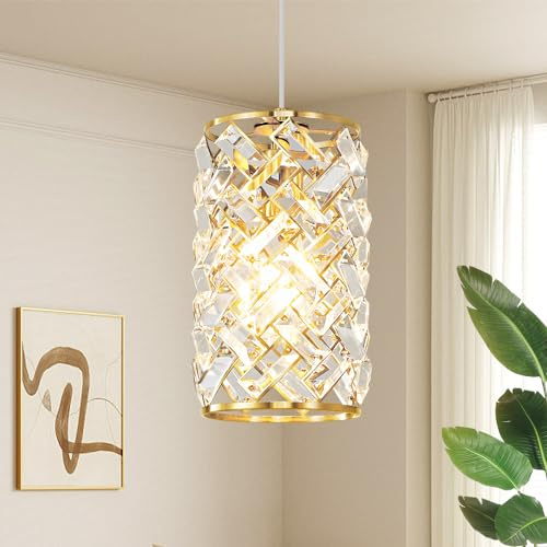Biewalk 10.2in Adjustable Gold Crystal Pendant Lights for Kitchen Island | 83Flexible Height, Geometric Design Frame Metal, K9 Crystal, Universal E26 Base, For Dinning Room Entryway