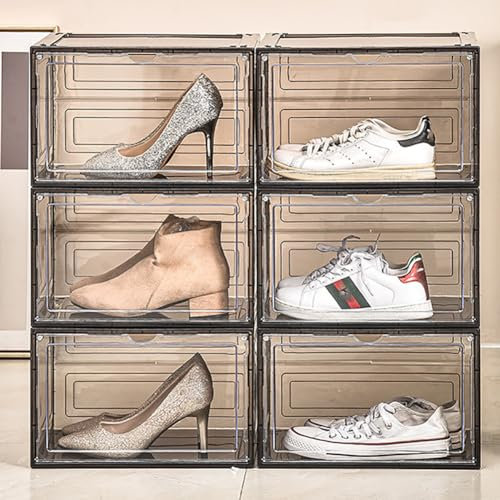 JJoias Transparenter Stabiler Schuhkarton Im 6Er-Pack, Stapelbare Und Faltbare Aufbewahrungsbox Aus Kunststoff, Schuhkarton Mit Magnetischer Tür, Geeignet Für Schuhgrößen Bis 46,Schwarz
