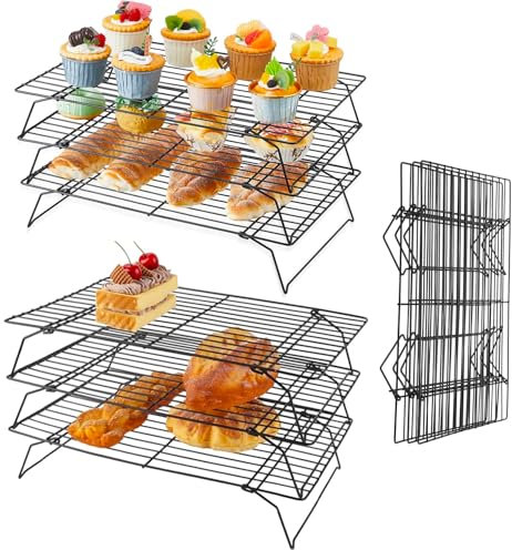 JMIATRY 2 Stück Kuchengitter Abkühlgitter, Abkühlgitter Edelstahl, 3-Stöckiges Auskühlgitter, Schwarz Kuchengitter Stapelbar für Kuchen, Grillen, Gebäck und Kekse, 40x25x7.5cm