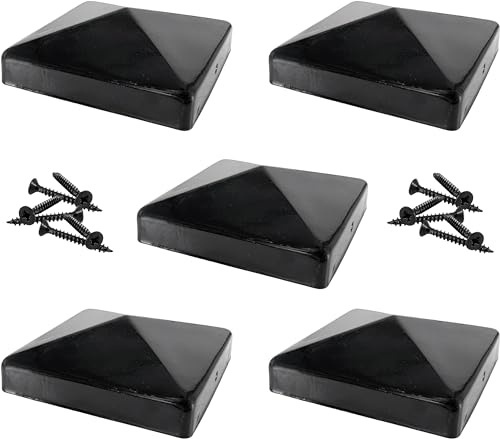 IRONTITE® 5 Pack Metal Fence Post Caps 4x4 Black, Newel Post Cap Fence Toppers to Suit 100mm (4) Square Fence Newel Posts. Protect Your Posts with This Pyramid Fence Post Protector (Black)