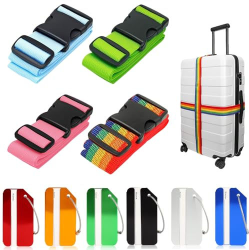 Koffergurt, 4 Stück Koffergurte mit 4 Stück Kofferanhänger, Gepäckgurt Einstellbare, Kofferband Gurt für Reisen Schnell erkennen Gepäck Reisetasche Koffer 5 x 200cm 4 Farben
