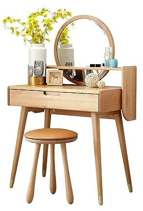 ZONABSQQ Schminktisch Schminktisch aus massivem Holz, Schlafzimmer-Make-up-Tisch mit rundem Hocker, Kommode mit Schublade und offenem Ablagefach, robust Multifunktion