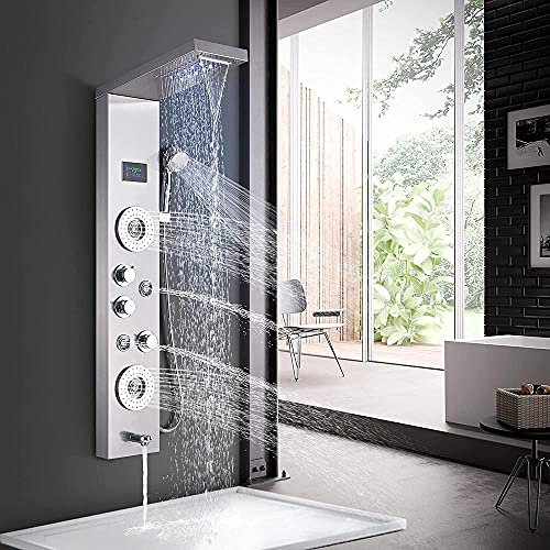 Panneau de Douche de Salle de Bain Système de Tour Affichage de la température à LED Jets de Massage corporel Ensemble de Douche Pommeau de Douche à Effet Pluie Cascade 6 Fonctions Affichage