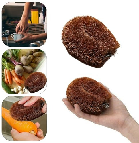 PEKLOKIW Spazzola in fibra di cocco naturale, per strofinare patate, verdure, frutta, con anello per appenderlo, ideale per la pulizia della cucina (marrone, 11 x 9 x 5 cm)