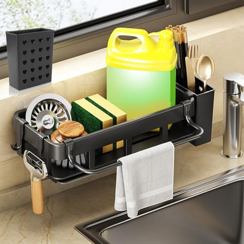 LbsAMP Organizador para Fregadero Colgante Sin Perforar con Escurridor de Platos 3 en 1 Soporte de Esponja Fregadero Escurridor Estropajos Fregadero para Colgar Organizador Estropajo y Bayeta - Negro
