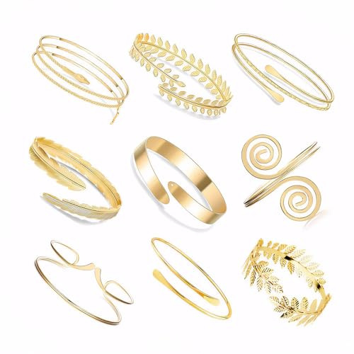 FDEETY Bracelet Femme 9 Pcs Alliage Bandeau Serpent Brassard Bobine Grecian Goddess Ensemble d'accessoires de déguisement parfaits pour Festivals, Fêtes et Bijoux Quotidiens（Or）