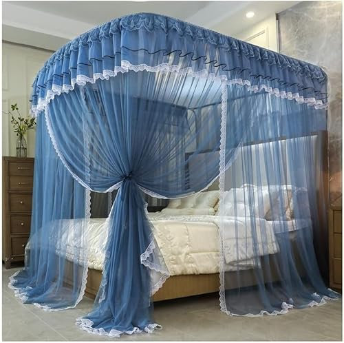 Moskitonetz für Sommerbetten, Einzelbett, Doppelbett, Metallstütze, Kingsize-Bett, Vorhang, romantische Schlafzimmerdekoration (Farbe: Pink-1, Größe: 200 x 220 cm) (Farbe: Blau, Größe: 200 x