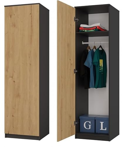 BDW SD-50 - Armoire 50 x 50 x 180 cm, 4 niveaux, idéal pour une chambre à coucher, couloir, chambre d'enfant ou bureau, porte-manteaux (anthracite/chêne Artisan)