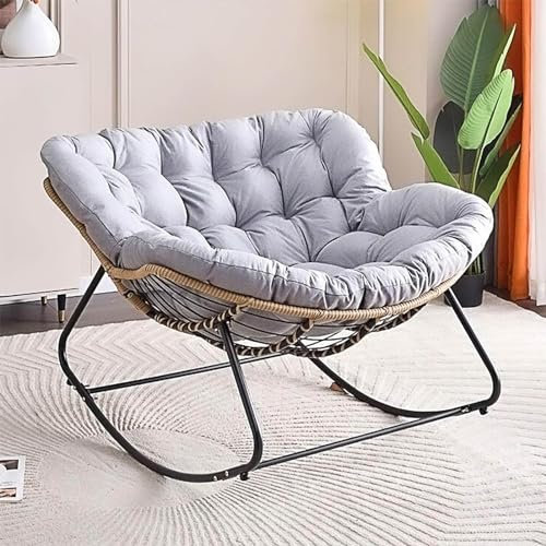 Ergonomischer Rattan-Schaukelstuhl mit dickem Kissen, für drinnen und draußen, Grau