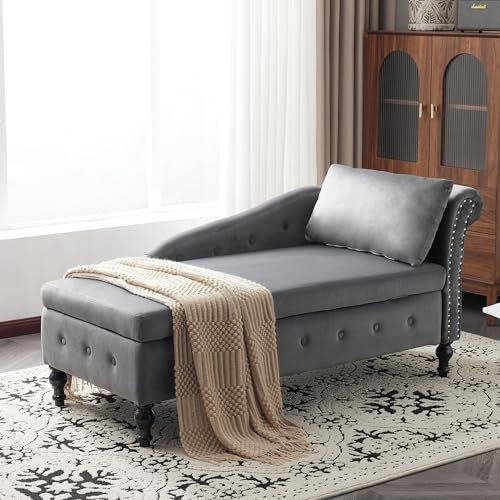 Samt-Chaiselongue-Sofa mit Stauraum und Kissen, moderner Knopf, getuftet und Nagelkopfbesatz, Grau