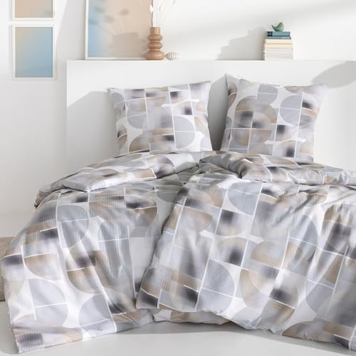 ESTELLA Seersucker Bettwäsche Set, 155x220 cm + 80x80 cm, Design 08 | 100% Baumwolle, bügelfrei, Bettgarnitur, Mit Seersucker Struktur, Deutsche Markenqualität