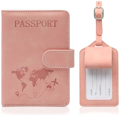 Weniubit Reisepasshülle und Kofferanhänger Set, Reisepass Organizer mit RFID-Blocker, Passport Cover für Reisepässe, Bordkarten, Kreditkarten und Reisedokumente (Rosa)