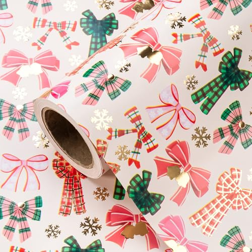 RUSPEPA Papier Cadeau De Noël Motif Nœud - Mini Rouleau - 43,2 Cm X 5 M - Papier Cadeau Doré À Motif Flocons De Neige Et Nœud Écossais Pour Filles, Garçons Et Enfants, Noël Et Fêtes