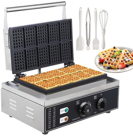 1550 W Commercial Waffle Maker, 10-Waffle Capacity, 50-300°C Adjustable Temp + Timer, Electric Waffle Iron Dual-Sided Heating, Bakery/Home Use With Baking Tool Kit