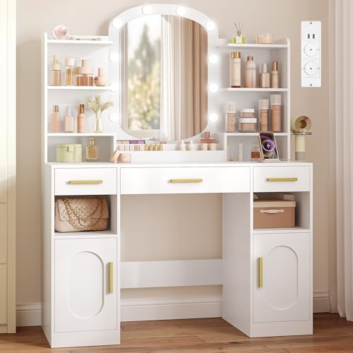HEXCELEN 108cm Toeletta Trucco con Specchio Ovale, Bianco | Toeletta con LED e Prese, Luminosità Regolabile, Supporto per Asciugacapelli, Postazione Trucco, 3 Cassetti, 2 Armadietti