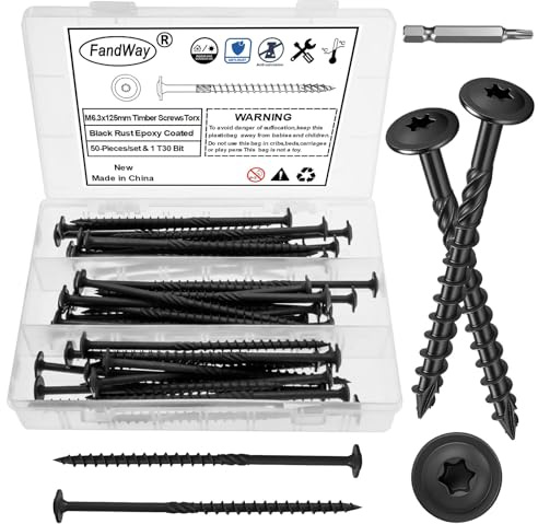 FandWay 50 Pcs Timber Screws,6.3x125mm Heavy Duty Structural Wood Screws,Torx Wafer Head Fixing Deck Screw,Rust Epoxy Coated With T30 Star Bits for Outdoor Log Landscape Frame Construction (Black).