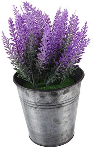 ROMISBABA Artificial Lavender Potted Plant Decor Iron Bucket Faux Flower Arrangement for Home Office and Wedding Table Centerpieces Realistic Simulation Lavender Bonsai
