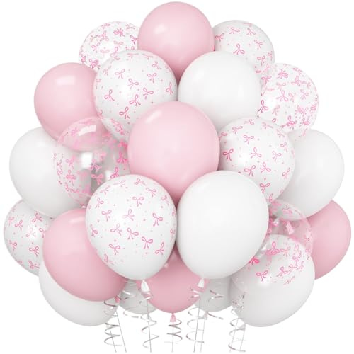 Pink Bow Balloons Light Pink and White Balloon 12inch Clear Bow Balloons Coquette Birthday Party Decorations Helium Latex Balloon for Arch Bridal Shower Bachelorette Weddiing Decor