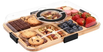 Planche à charcuterie avec couvercle – Planche à goûter portable avec 6 compartiments et couvercle transparent – Planche à fromage réversible pour pique-nique, fête et cuisine – Planche de service