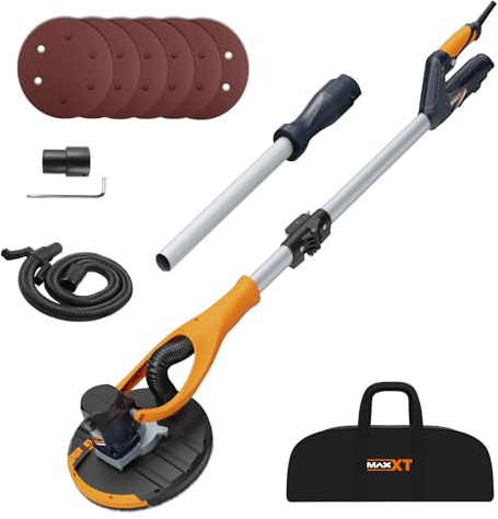 MAXXT 180° Swivel Head Plasterboard Sander – Telescopic Handle (1.2m-1.7m) with Dust Extraction, Corner Side Disc, Constant Power & 5-Speed Memory | Includes 6 Sanding Discs