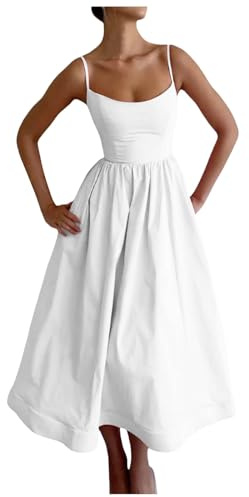 Damen Korsett Midi Kleid Sommerkleid, Tunika Bustier Spaghettiträger Sommerkleid Fließendes Cocktail Partykleid, Rückenfrei A-Linie Schlinge Strandkleid, Sexy Vintage Langes Kleid (3-weiß, M)