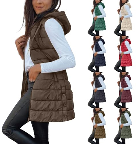 Chaleco Mujer Largo Invierno Acolchado Chaqueta sin Mangas Algodón Chalecos Largos Casual Moda Abrigo con Capucha Abrigos De Invierno Termico Parka Cálido Talla Grande Outwear con Cremallera Otoño