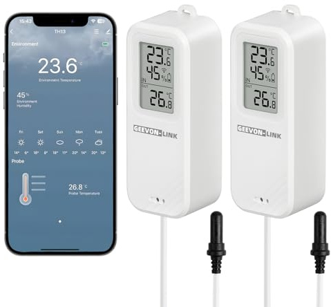 GEEVON-LINK 2PC WiFi Refrigerator Thermometer Hygrometer with Alarm, Freezer Temperature with Probe, Wireless Digital Fridge Thermometer Humidity Sensor, Free Data Export for Home Kitchen Fridge Tub