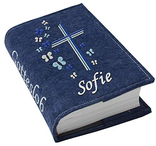 Gotteslob Gotteslobhülle Hülle Kreuz Schmetterlinge blau Filz Namen bestickt Einband Umschlag personalisierte Gesangbuchhülle, Farbe:dunkelblau meliert
