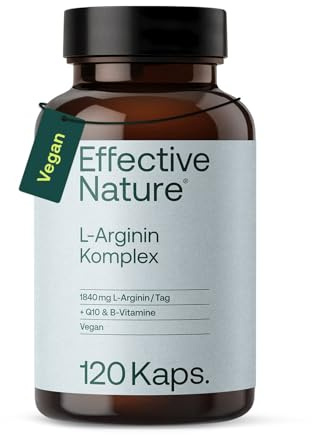 effective nature - L-Arginin mit Q10 und Folsäure - 90 Kapseln - Mit Vitamin B3, B6 & B12 - Auch für Veganer geeignet - 1840 mg L-Arginin und 100 mg Q10 pro Tagesdosis - Hochdosiert