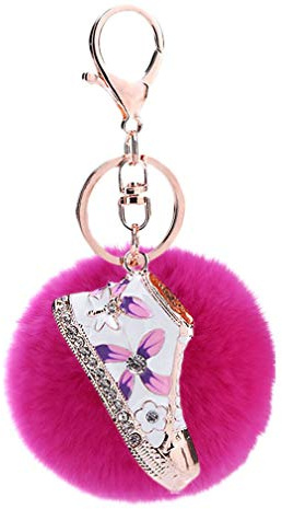 Schlüsselanhänger plüsch Ball Mode Strass Lässig Schuhe Plüsch-Kugel Pompom Charm Tasche Autoschlüssel-Anhänger Elegant Weich Schlüsselring bommel Keychain Handtaschenanhänger Dekor (Rosa)