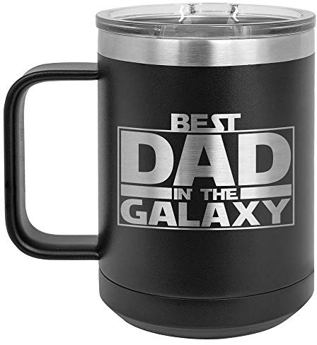 BEST DAD IN THE GALAXY Black 15 oz Coffee Mug w/Slide Top Lid | Insulated Travel Coffee Cup | Father's Day Gift Ideas From Son or Daughter | Compare To Yeti Rambler | ONLYGIFTS.COM