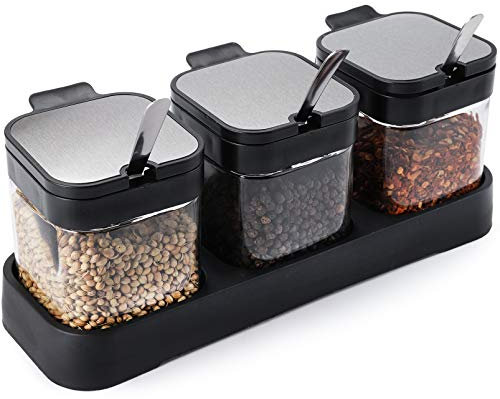 WUWEOT Set di 3 Barattoli per Spezie in Vetro 220ml Condimento Box Spezia Jar Cucina Vasi per Spezie Scatola di Spezie Contenitori per Spezie e Condimenti con Coperchio Cucchiaio e Supporto