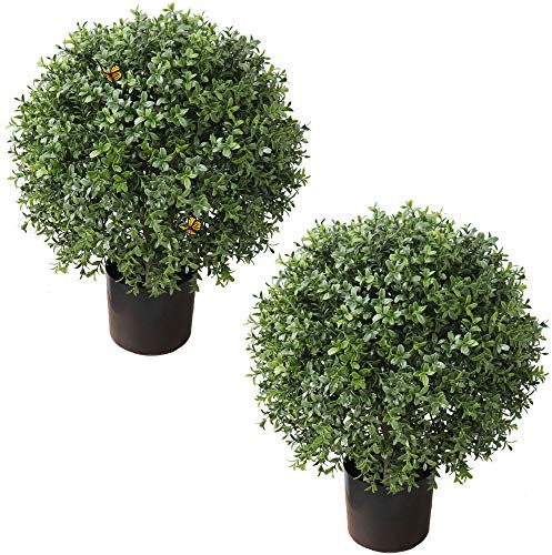 Arbustos de boj de 24 pulgadas, Decoración Arboles Artificiales Topiarios al Aire Libre, 48 cm, Redondos con Mariposa (2 Unidades)