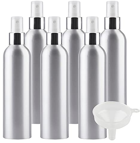 TIANZD 6 Pièces Portable Vide Flacon Aluminium 250 ml avec Bouchon Pompe Spray Blanc/Argent Vaporisateur Bouteille pour l'eau Parfum Cosmétique Cheveux Voyage Rechargeable, 1 Pièce Entonnoir