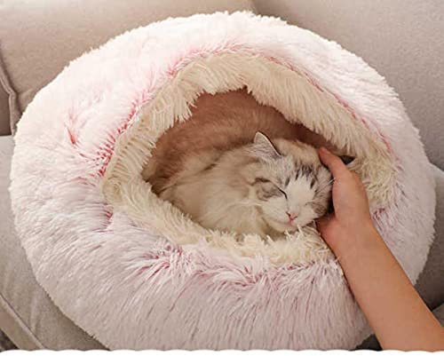 NIQIU 2 In 1 Katzenbett Haus Langes Plüsch Hundebett Donut Höhlenkuschel Warmer Schlafsack Sofa Kissen Nest für Kleine Welpen Kätzchen-Rosa Weicher Plüsch,65cm für 13kg,Spanien