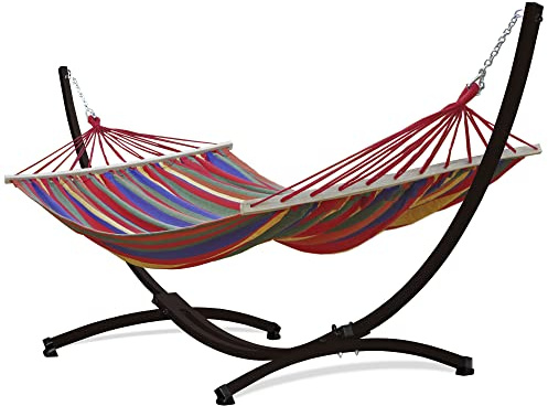 Potenza Outdoor Hängematte mit Gestell für 2 Personen I Stabhängematte XXL 220x160, 200kg I Hängemattengestell 220kg Wetterfest (Rot, Gestell Braun)