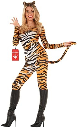 Morph Tiger Kostüm Damen, Orange Tiger Print Catsuit, Perfekt für Halloween und Karneval, L