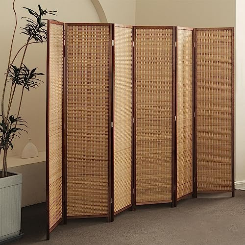 Furnnylane 6 Panel Bamboo Room Divider - 5.6 ft Tall Folding Privacy Screen for Room Separation, Natural Brown Freestanding Partition Wall for Home Office (67 H x 92.1 W)