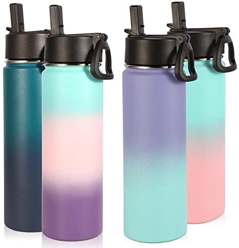 Volhoply Insulated Water Bottles with Straw Bulk 4 Pack, 660ml Stainless Steel Sports Bottle with Lid,Metal Travel Water Tumbler with Wide Mouth, Reusable Cold Water Flask for Hiking(Assorted,4 Set)