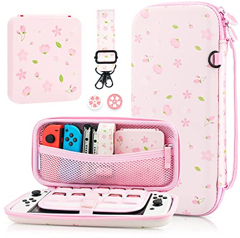 GLDRAM Pink Sakura Carrying Case Bundle for Nintendo Switch & OLED, Elegant Switch Travel Case Protector for Girls, Accessories Kit with Shoulder Strap, Cherry Blossom Game Card Holder & Thumb Caps