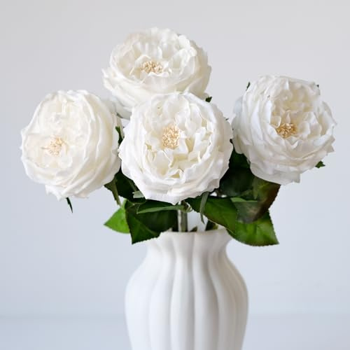 YalzoneMet Lot de 4 roses pivoines artificielles blanches de 45 cm - Toucher naturel et réaliste - Imitation tige longue - Pour maison, fête, extérieur, mariage, bouquet de mariée