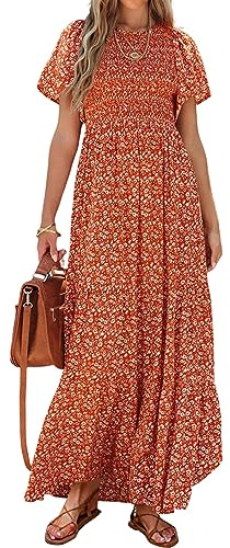 PRETTYGARDEN Vestido Largo Informal de Verano, de Manga Corta con Volante, Bohemio, Floral, Cuello Redondo, Fruncido, Escalonado, para Mujer, Naranja, XL