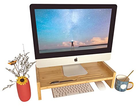 WAOHO Soporte para monitor de bambú para televisor, soporte para portátil de madera, soporte de pantalla, soporte para pantalla, altura de pantalla 52 x 25 x 13 cm