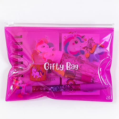 Gifty Bag 10 x Pre Filled Unicorn Party Bags for Kids, Premium Gift Bags Include 9 Fun Fillers Plus a Colourful Reusable Pouch with Zipper, Ideal as a Unicorn Gift Bag or Pencil Case, Pack of 10