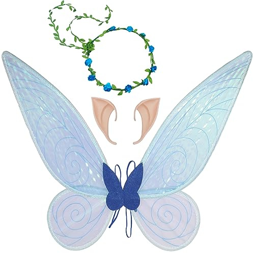 Feenflügel Schmetterlingsflügel mit Elfenohren Blumenkranz Erwachsene Flügel Kostüm Kinder Prinzessinnenflügel Damen Mädchen Flügel Kostüm Wings für Weihnachts Karneval Geburtstags Cosplay Party
