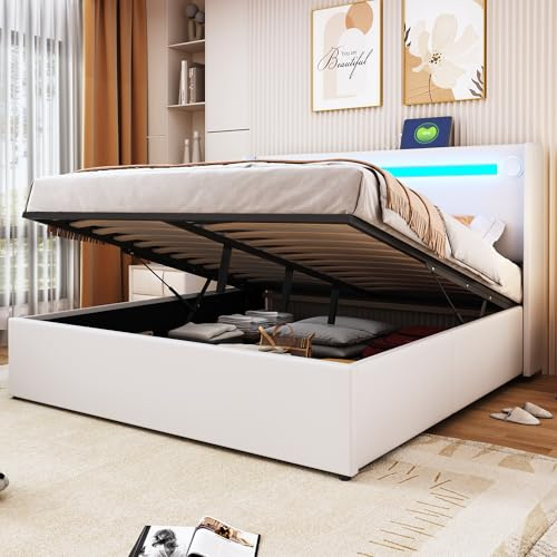 Bett 140x200 mit LED und USB und Bluetooth-Player, Polsterbett 140x200 mit Stauraum und Kopfteil, Doppelbett mit Lattenrost und Bettkasten, Jugendbett Stauraumbett mit PU-Leder Bettgestell Weiß