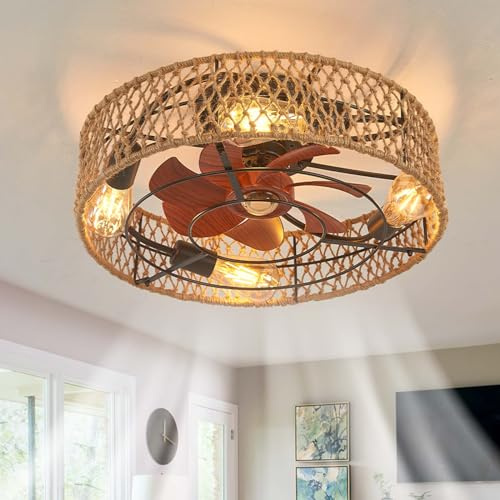 Caufloce Vintage Ventilateur Plafond Avec Lumiere Et Télécommande, Led Réversibles Dimmable Plafonnier Ventilateur De Plafond Silencieux 6 Vitesses Dc Lustre Ventilateur Pour Chambre, Salon