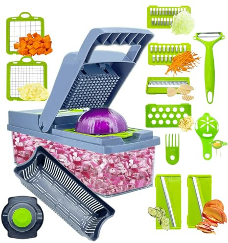 Vezyturly Cortador de verduras, multifuncional 15 en 1 profesional, mandolinas, cortador de patatas con contenedor, 8 cuchillas (acero inoxidable), cortador de verduras para uso en cocina