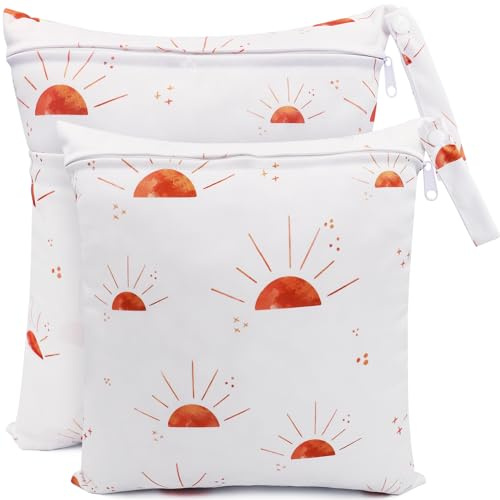 FenFang Wetbag Kindergarten, 2 Stück Nasstaschen Windeltasche Stoffwindeln Nassbeutel Organiser Beutel Wickeltasche Taschen Wasserdicht Wiederverwendbar (Weiße Sonne)