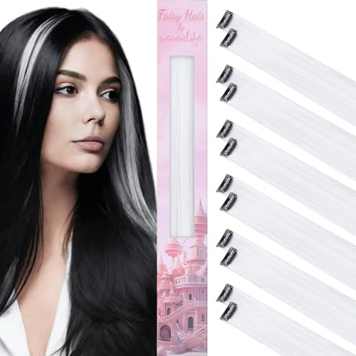 WENNALIFE Clip in Extensions Echthaar, Haarsträhnen zum Einklipsen Party | 55cm 12 Stück Bunte Kinder Haare zum Einflechten. #Weiß. Leicht, Gerade, Knitterfrei.